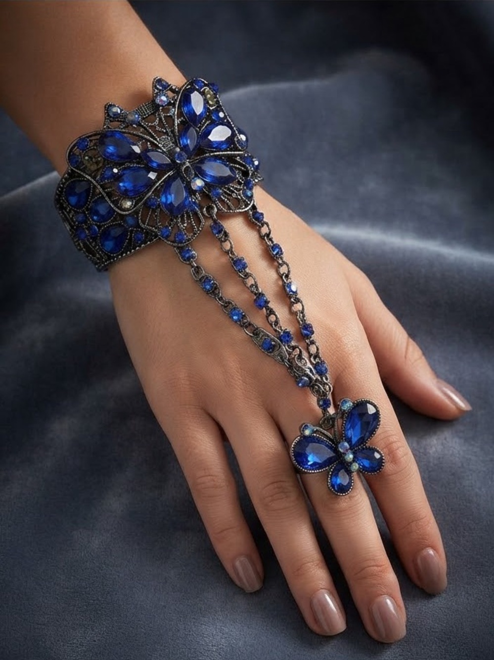 Blue Ornate Faceted Crystal Butterfly Slave Bracelet Connected Adjustable Ring 🦋